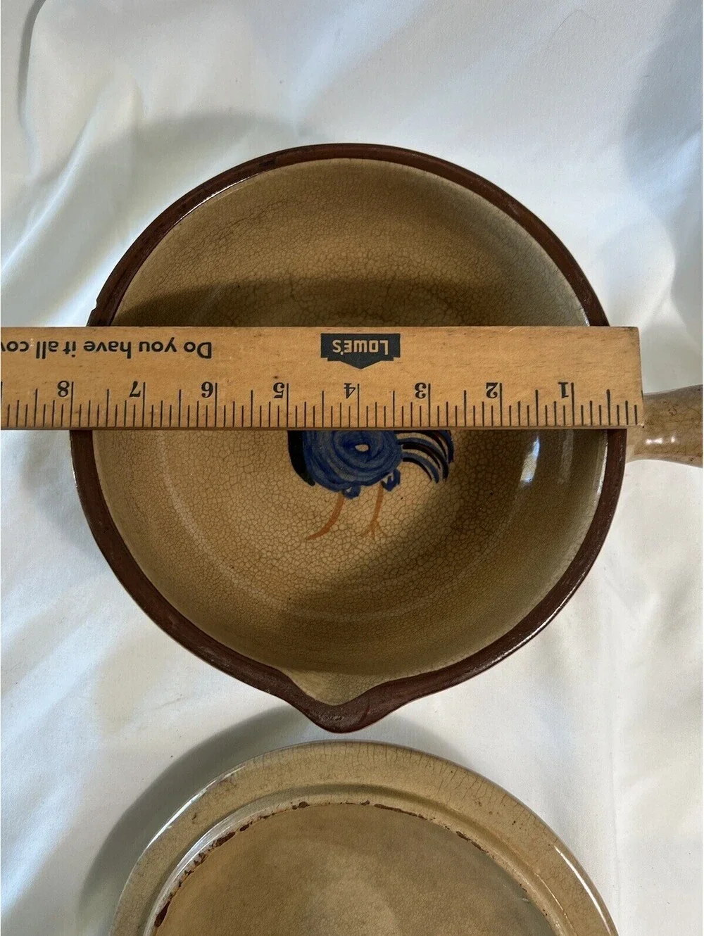 Antique Pottery Lidded  Sauce Pot with Rooster Hand Painted